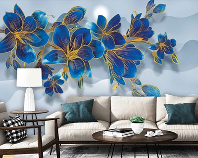 Blauwe bloemen behang