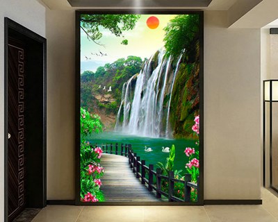 Waterval en tuin uitzicht behang