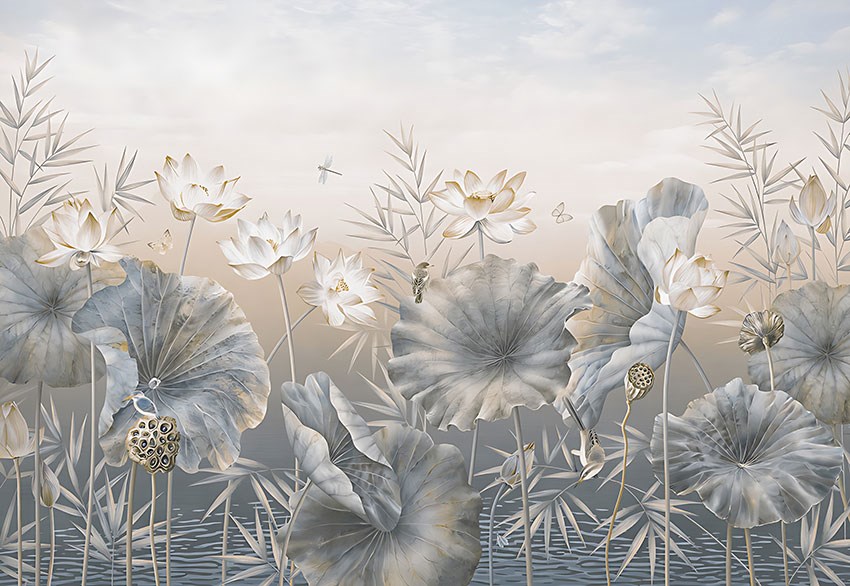 Crèmekleurig behang met bloemmotief 