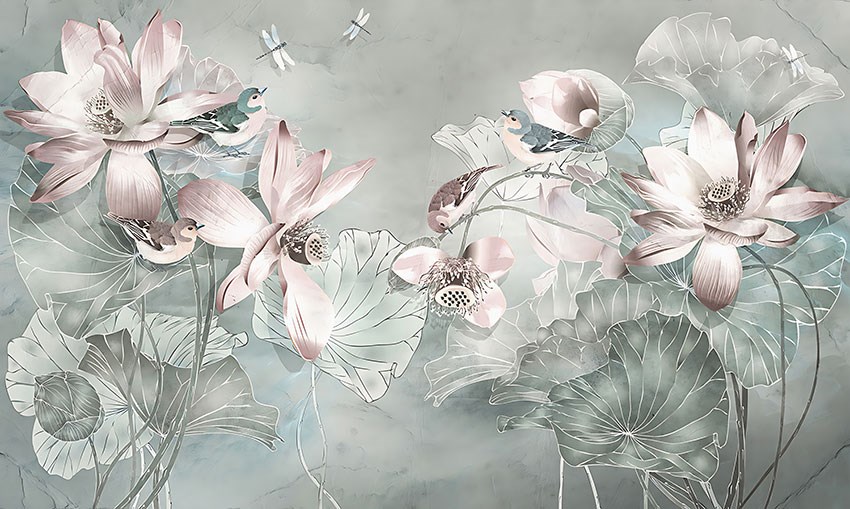Zachtroze bloemenprint behang