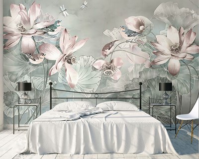 Zachtroze bloemenprint behang