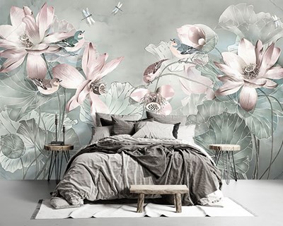Zachtroze bloemenprint behang