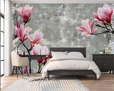 Roze bloemenpatroon behang 