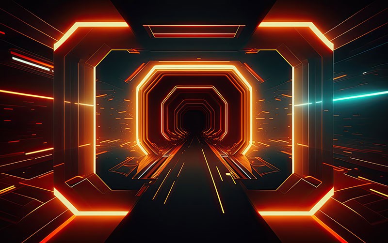 3D-verlichte tunnel met uitzicht op de muur