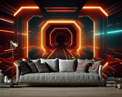 3D-verlichte tunnel met uitzicht op de muur