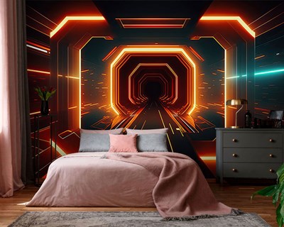 3D-verlichte tunnel met uitzicht op de muur