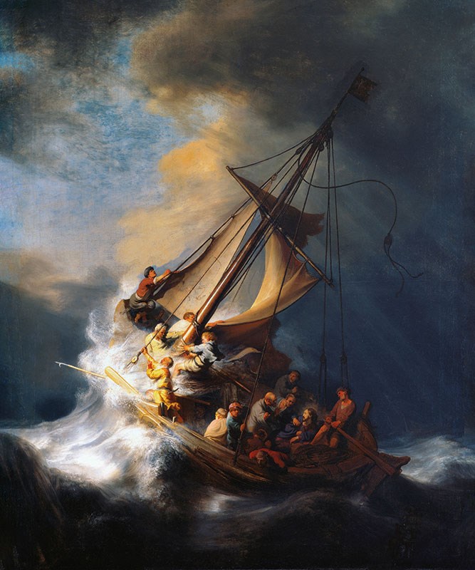 Storm op zee schip schilderij muurbehang