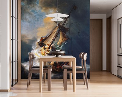 Storm op zee schip schilderij muurbehang