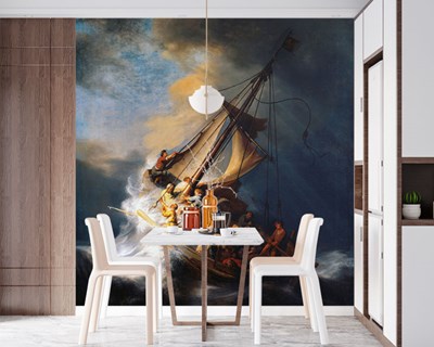 Storm op zee schip schilderij muurbehang