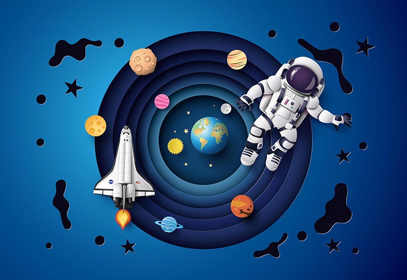 Astronaut en ruimteschip thema behang