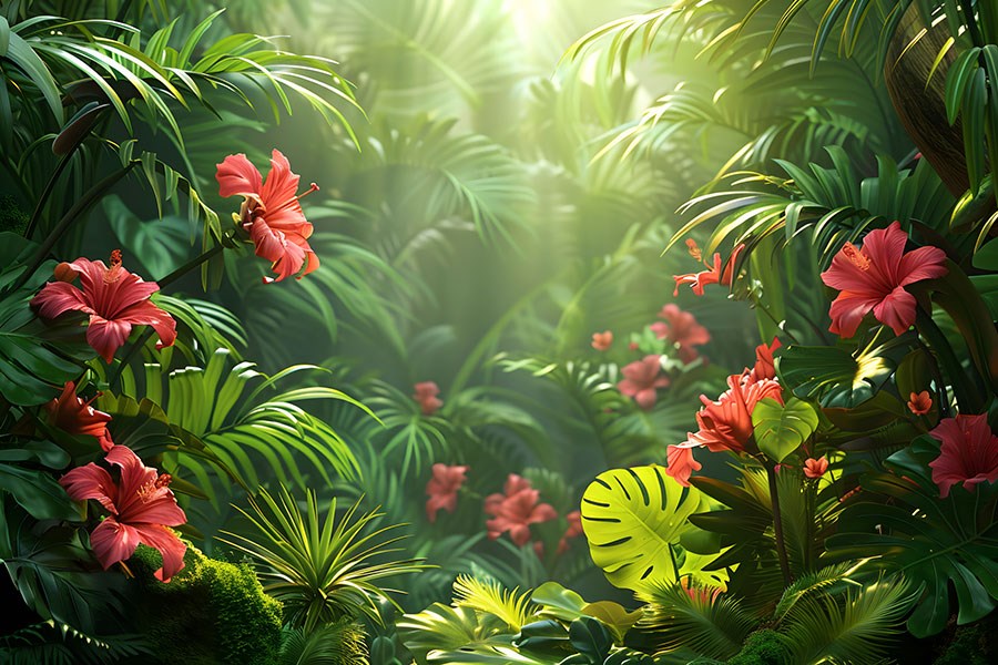 Tropisch bos en hibiscusbloemen behang