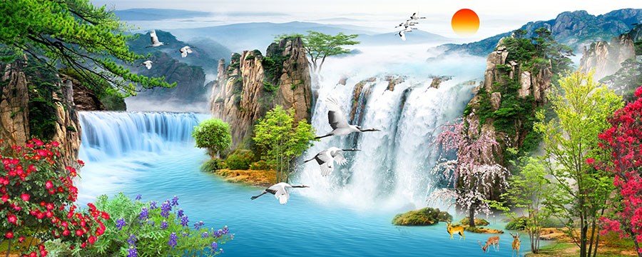 Behang met waterval- en wildlevenlandschap