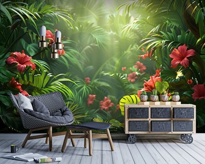 Tropisch bos en hibiscusbloemen behang