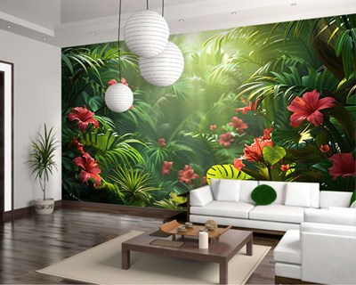 Tropisch bos en hibiscusbloemen behang