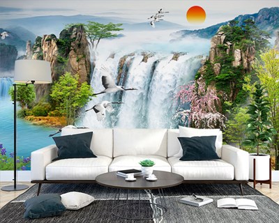 Behang met waterval- en wildlevenlandschap