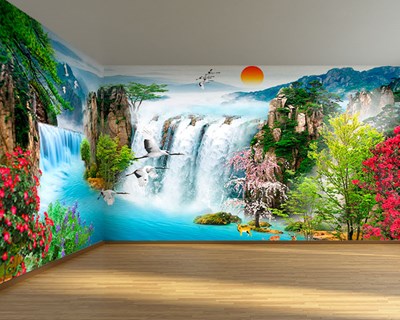 Behang met waterval- en wildlevenlandschap