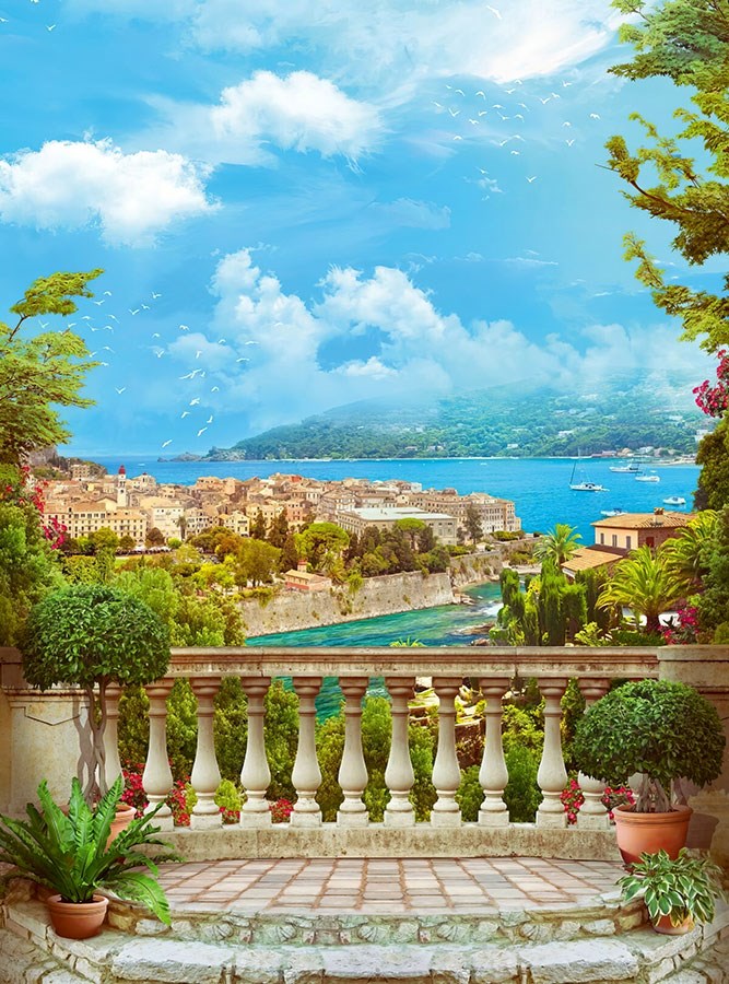 Mediterrane kuststad met uitzicht op de stad Behang