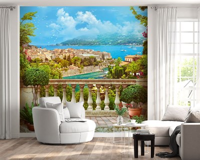 Mediterrane kuststad met uitzicht op de stad Behang