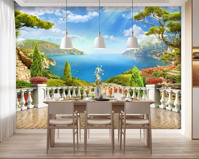 Behang met uitzicht op zee vanaf het balkon 