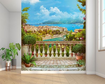 Mediterrane kuststad met uitzicht op de stad Behang