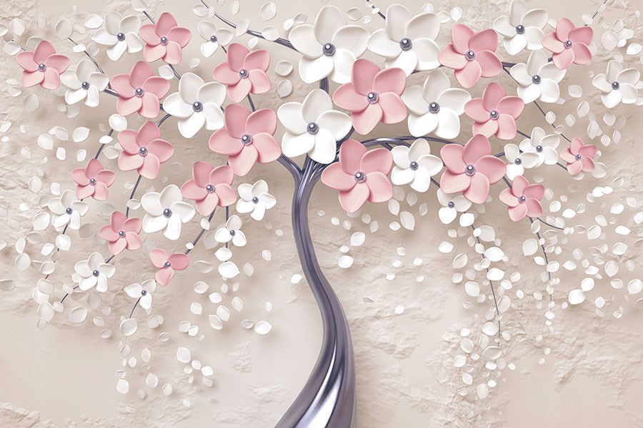 3D Roze Witte Bloemenboom Behang 