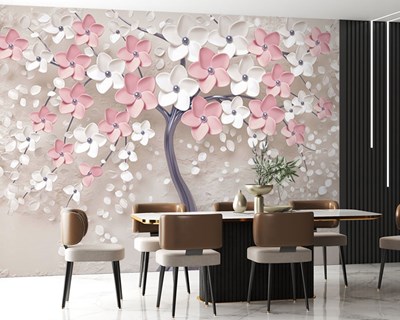 3D Roze Witte Bloemenboom Behang 