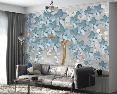 3D Blauwe Bloemenboom Behang