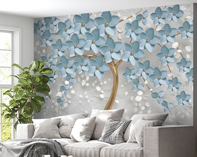 3D Blauwe Bloemenboom Behang