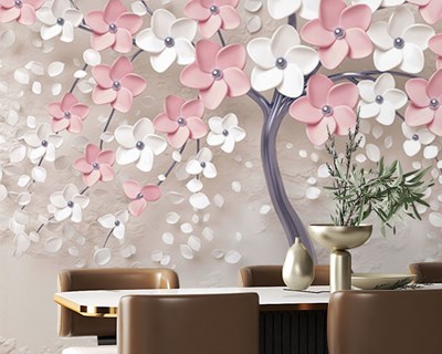 3D Roze Witte Bloemenboom Behang 