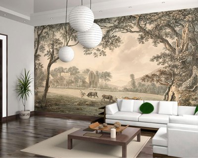 Dieren die water drinken uit het meer Vintage behang