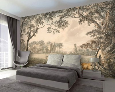 Dieren die water drinken uit het meer Vintage behang