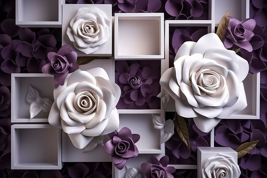 Frame met paarse en witte rozen behang 