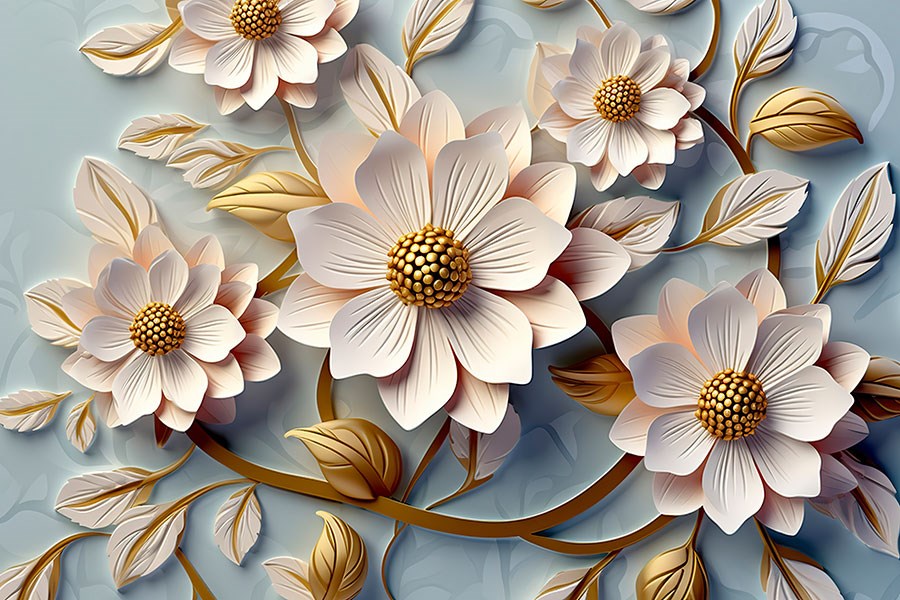 3D goudkleurig behang met bloemmotief 