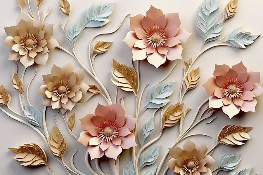 3D reliëf bloemen en bladeren behang 