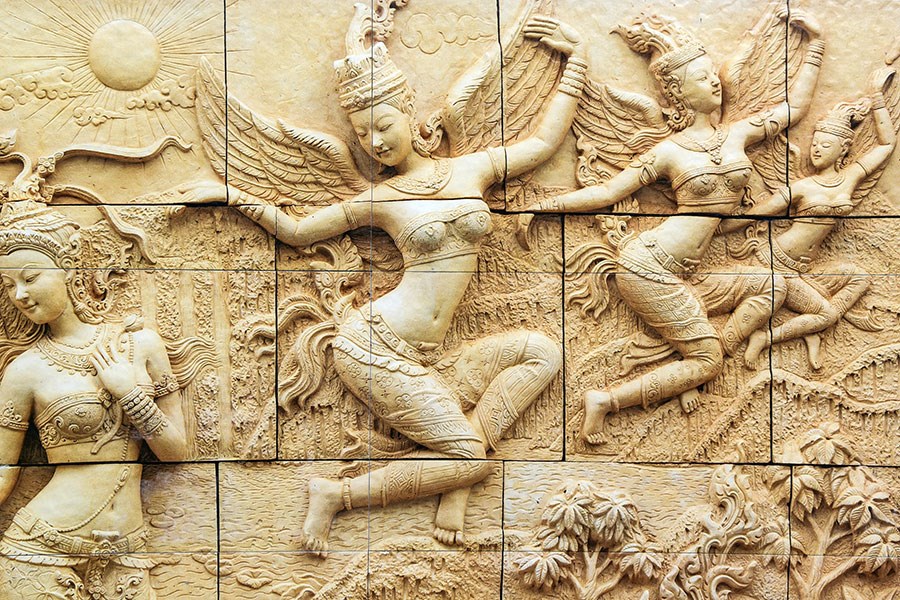 Aziatische mythologische reliëfkunst behang