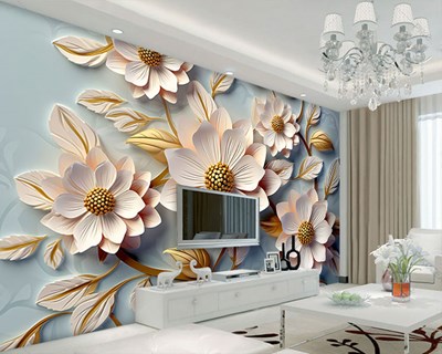 3D goudkleurig behang met bloemmotief 