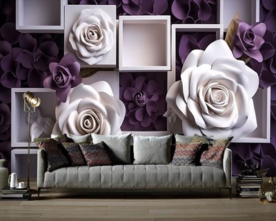 Frame met paarse en witte rozen behang 