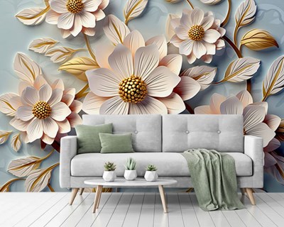 3D goudkleurig behang met bloemmotief 