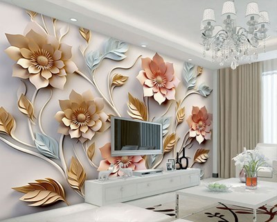 3D reliëf bloemen en bladeren behang 