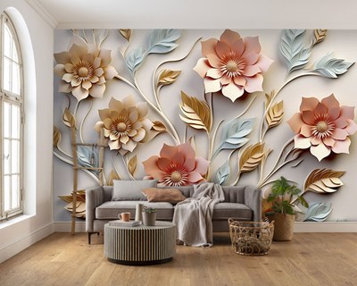 3D reliëf bloemen en bladeren behang 