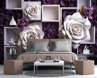 Frame met paarse en witte rozen behang 