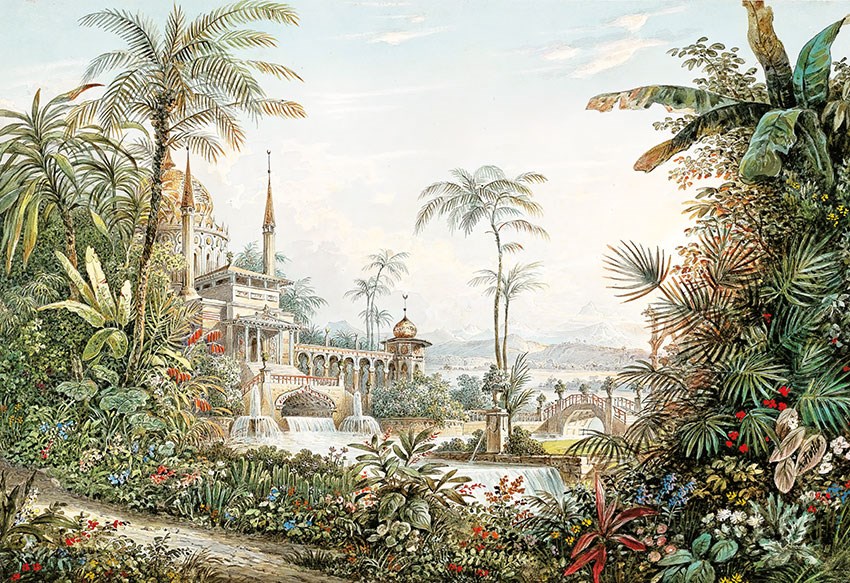 Behang met uitzicht op tropische tuin