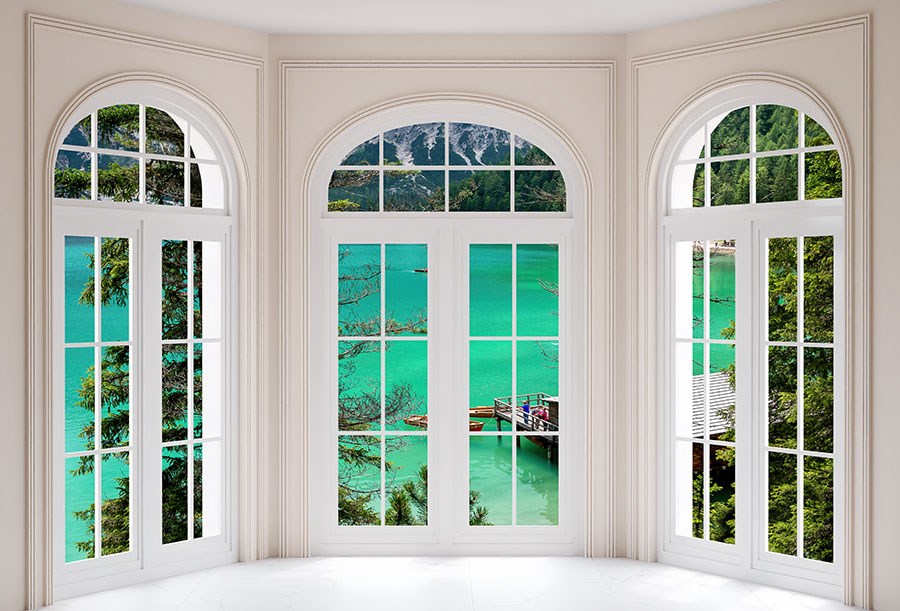 Ruit met uitzicht op het meer behang