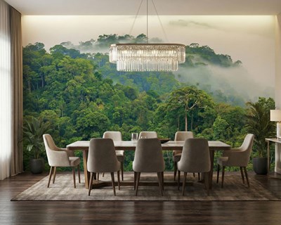 Mistig, groen landschap behang