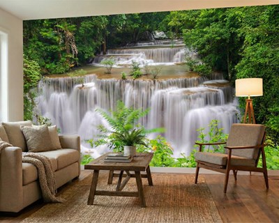 Groene natuur en waterval behang