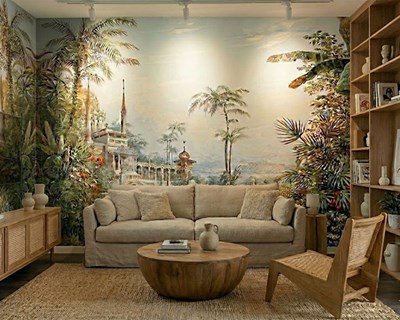 Behang met uitzicht op tropische tuin