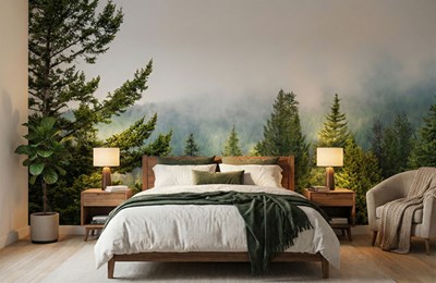 Behang met uitzicht op mistige dennenbossen