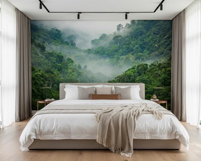 Groen boslandschap in de mist behang