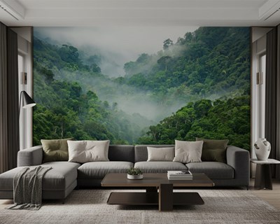 Groen boslandschap in de mist behang