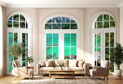 Ruit met uitzicht op het meer behang